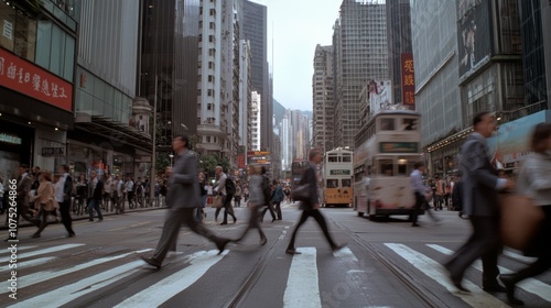 Busy Hong Kong street scene with blurred pedestrians and double-decker trams against a backdrop of towering buildings and neon signs.