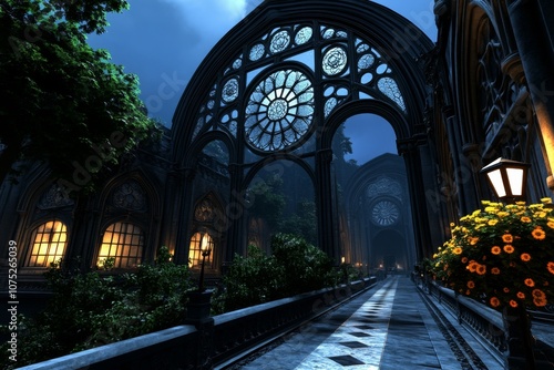 A gothic-inspired jungle with black flowers, dark trees, and an eerie mist, creating a haunting atmosphere