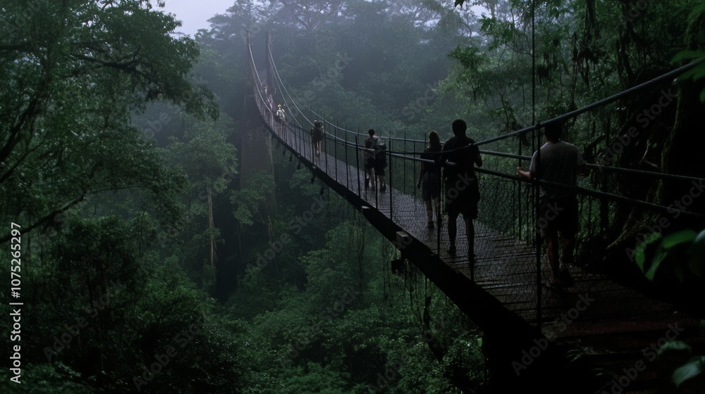 Fototapeta premium Adventurers traverse a misty bridge in a dense forest, suspended between realms of the known and the mysterious.