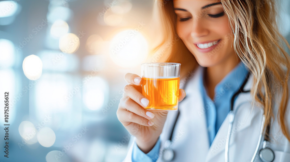 Woman Doctor Examining Sample: A close-up shot of a female doctor, wearing a white lab coat and stethoscope, carefully examining a sample in a glass beaker. Her expression is focused and attentive. Woman Doctor Examining Sample: A close-up shot of a female doctor, wearing a white lab coat and stethoscope, carefully examining a sample in a glass beaker. Her expression is focused and attentive.