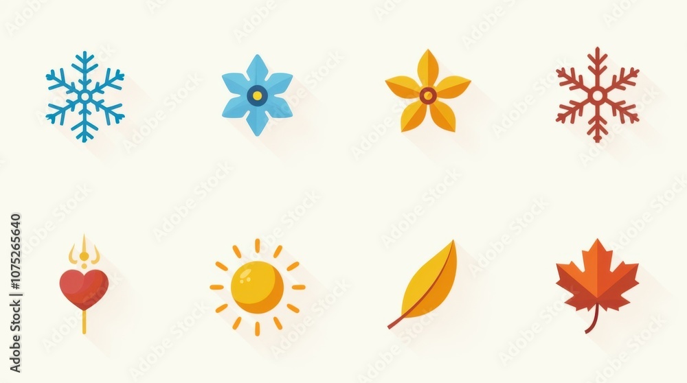 Seasonal Icons Representing Winter, Spring, Summer, and Fall with Snowflakes Seasonal Icons Representing Winter, Spring, Summer, and Fall with Snowflakes