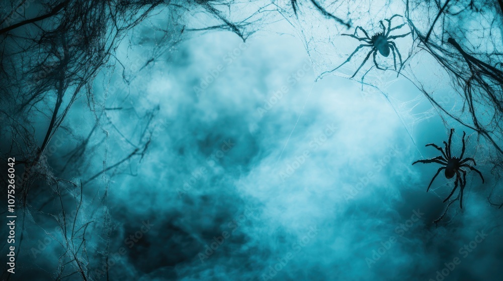 Spooky Spider Webs in Mysterious Blue Enchanted Forest with Ethereal Fog Atmosphere Spooky Spider Webs in Mysterious Blue Enchanted Forest with Ethereal Fog Atmosphere