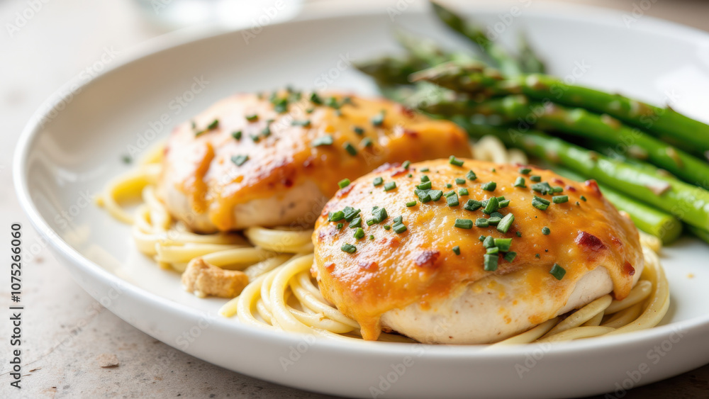 A plate of Marry Me Chicken with cheese-topped breaded chicken cutlets served over spaghetti noodles, garnished with asparagus spears and sprinkled with herbs. A plate of Marry Me Chicken with cheese-topped breaded chicken cutlets served over spaghetti noodles, garnished with asparagus spears and sprinkled with herbs.