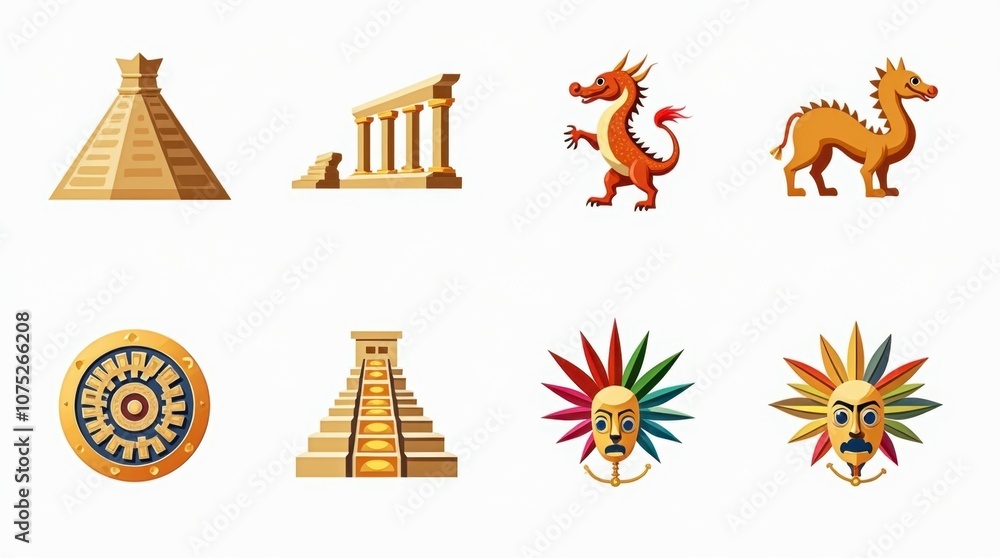Fototapeta premium Cultural Heritage Icons: Pyramid, Greek Column, and More