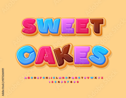 Vector advertisement Sweet Cakes. Delicious Donuts style Font. Tasty Alphabet Letters and Numbers set.