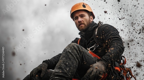 A rugged outdoor worker is covered in dirt while wearing protective gear and a safety helmet, surrounded by flying debris, showcasing a tough work environment. photo