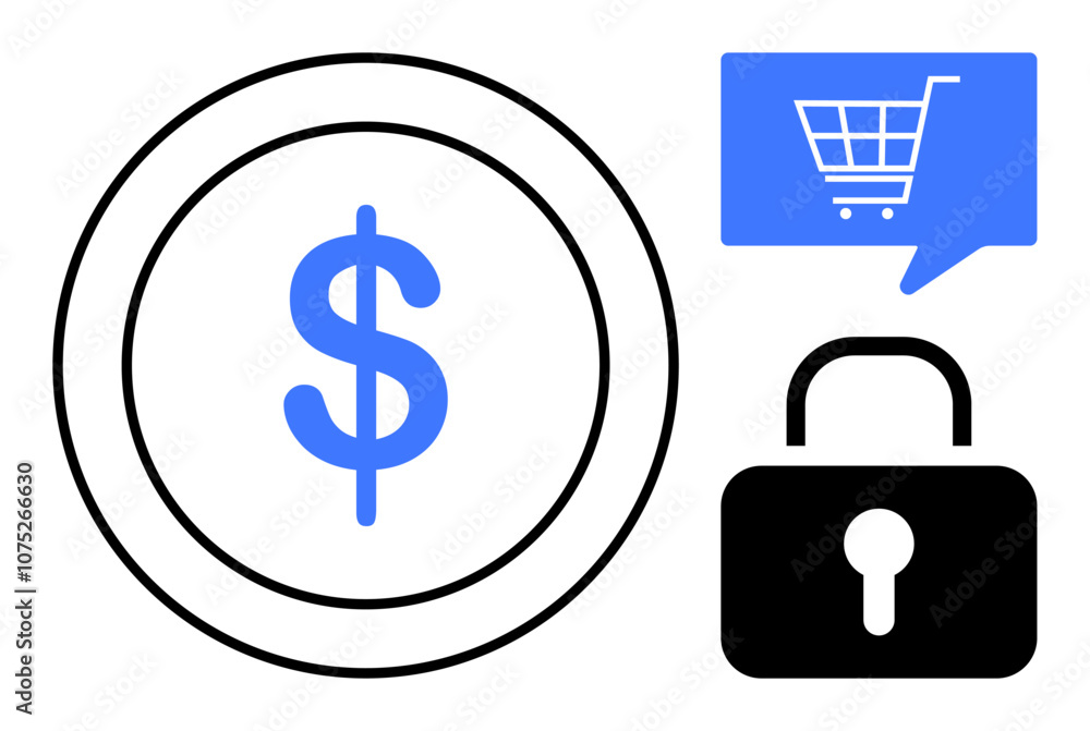 custom made wallpaper toronto digitalDollar sign within a circle, a speech bubble with a shopping cart, and a secure padlock. Ideal for e-commerce, security, online payments, cybersecurity, financial transactions, secure shopping
