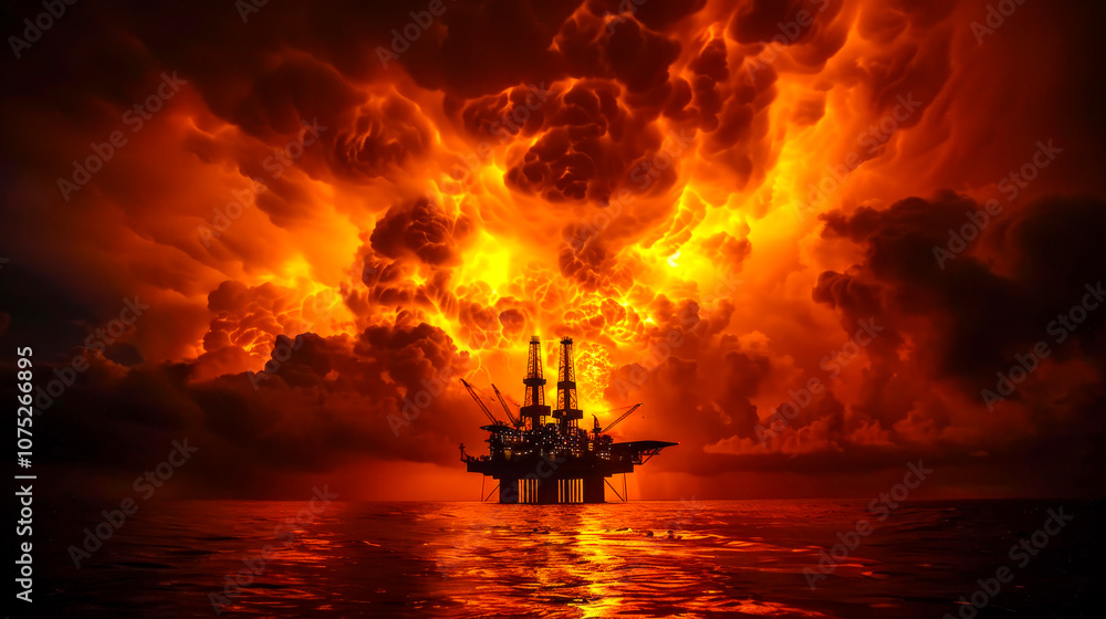 Oil Rig Inferno: A dramatic and apocalyptic image of an oil rig engulfed in flames, with a fiery inferno raging in the sky above, highlighting the potential dangers of the oil industry. Oil Rig Inferno: A dramatic and apocalyptic image of an oil rig engulfed in flames, with a fiery inferno raging in the sky above, highlighting the potential dangers of the oil industry.