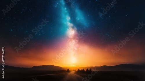 A breathtaking view of the Milky Way illuminating a serene landscape, casting a golden glow across the horizon and infusing the night sky with vibrant cosmic colors.