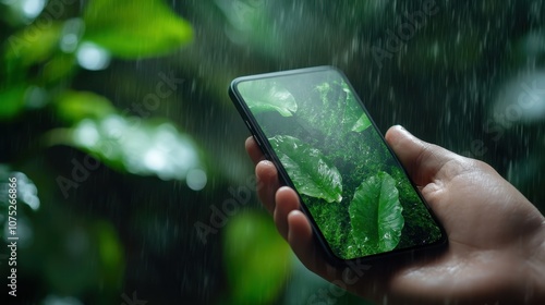 A hand grips a smartphone, depicting vibrant green leaves drenched in rain, symbolizing the merging of natural beauty and technological advancement. photo