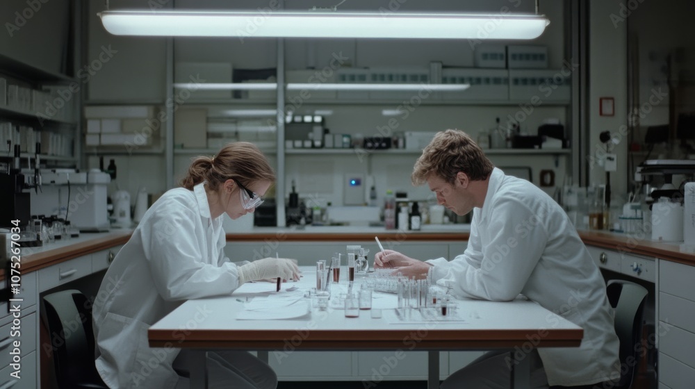 Two scientists in a lab, focused on meticulous work with test tubes, embodying the passion and rigor of research. Two scientists in a lab, focused on meticulous work with test tubes, embodying the passion and rigor of research.