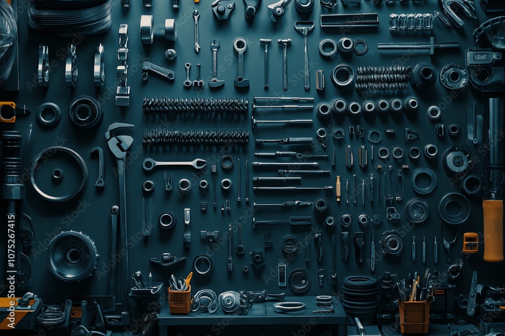A wall filled with various metal tools and parts, creating a seamless pattern. A wall filled with various metal tools and parts, creating a seamless pattern.