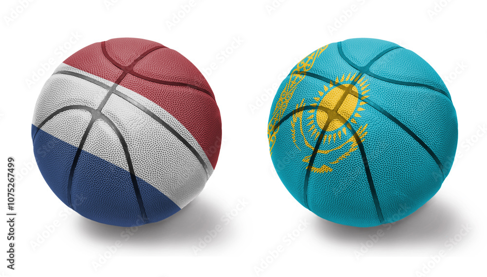 basketball balls with the national flags of kazakhstan and netherlands on the white background. basketball balls with the national flags of kazakhstan and netherlands on the white background.