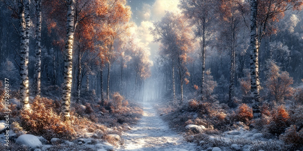 A snowy path through a birch forest with frost-covered branches and sunlight shining through the trees. A snowy path through a birch forest with frost-covered branches and sunlight shining through the trees.