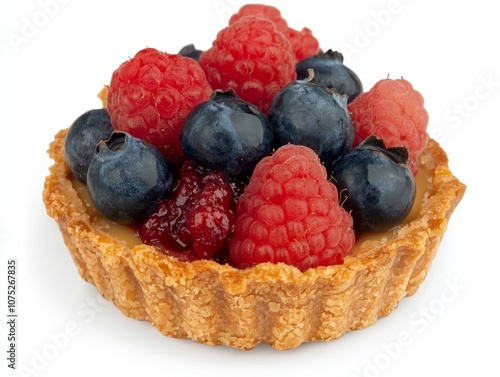  Pastelito decorado con arándanos, frambuesas y moras frescas sobre una base de masa crujiente, con fondo blanco.
 photo