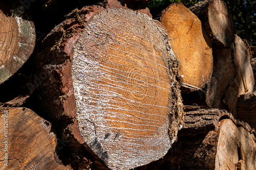 A large log with a white substance on it. The log is surrounded by other logs