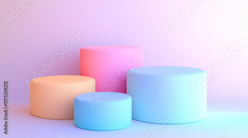 Colorful shapes on a white pink background, soft pastel tones, cheerful atmosphere, minimalist 3D design, vibrant lighting, smooth gradients, commercial use