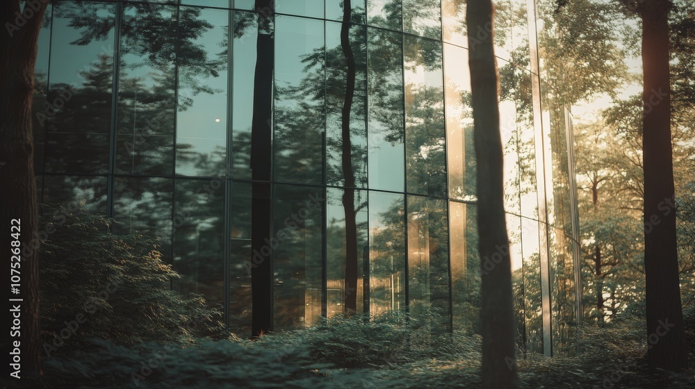 Fototapeta premium Reflective glass windows blend with the surrounding forest, merging architecture with nature in a serene, harmonious setting.