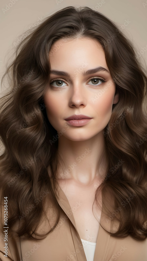 Portrait of a woman with voluminous, wavy brunette hair and a subtle makeup look, placed against a neutral background Portrait of a woman with voluminous, wavy brunette hair and a subtle makeup look, placed against a neutral background