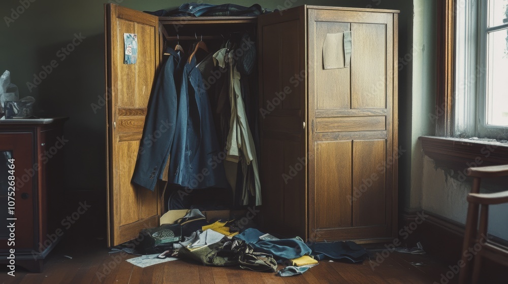 A wooden wardrobe stands slightly ajar, revealing a mix of hangers and clothes, hinting at untold stories in the quiet, sunlit room. A wooden wardrobe stands slightly ajar, revealing a mix of hangers and clothes, hinting at untold stories in the quiet, sunlit room.