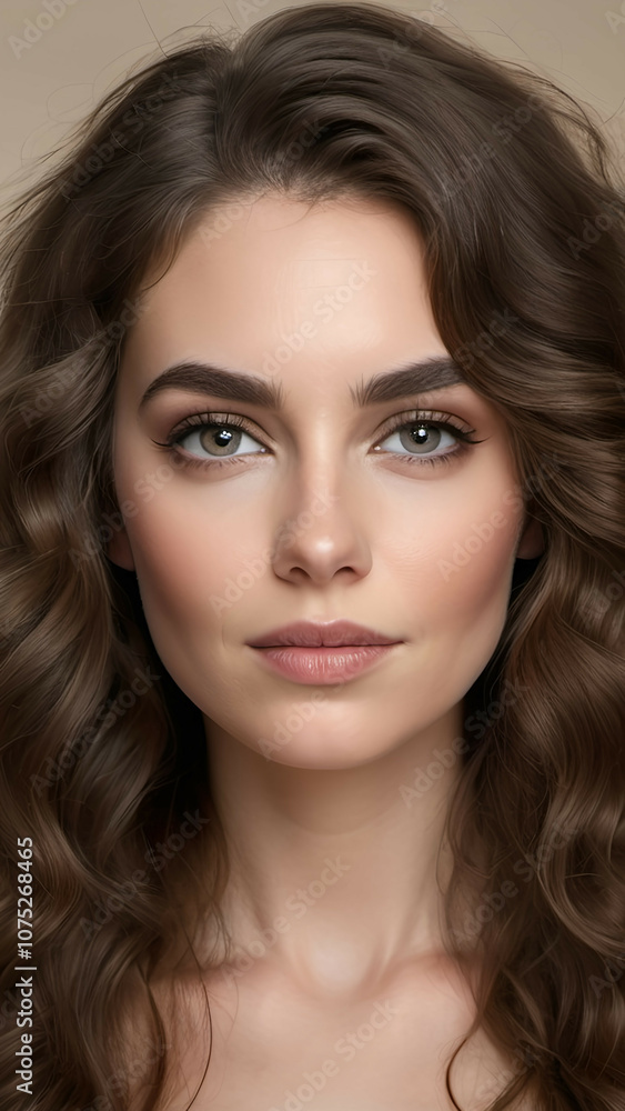 Portrait of a woman with voluminous, wavy brunette hair and a subtle makeup look, placed against a neutral background Portrait of a woman with voluminous, wavy brunette hair and a subtle makeup look, placed against a neutral background