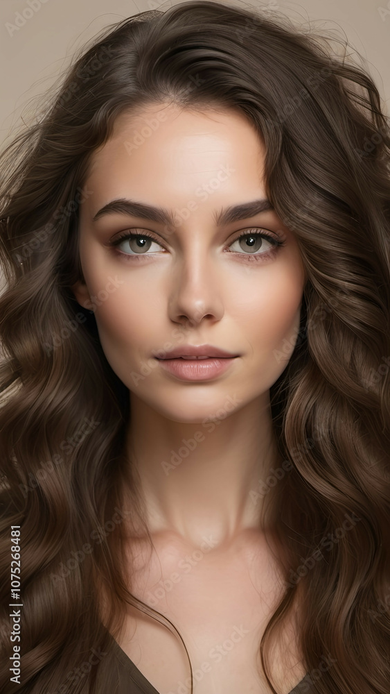 Fototapeta premium Portrait of a woman with voluminous, wavy brunette hair and a subtle makeup look, placed against a neutral background
