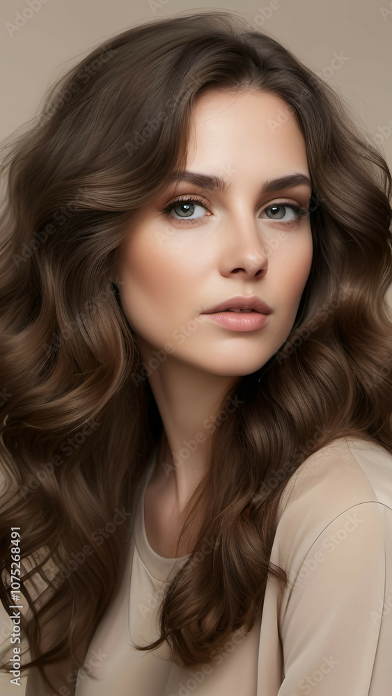 Portrait of a woman with voluminous, wavy brunette hair and a subtle makeup look, placed against a neutral background Portrait of a woman with voluminous, wavy brunette hair and a subtle makeup look, placed against a neutral background