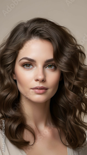 Portrait of a woman with voluminous, wavy brunette hair and a subtle makeup look, placed against a neutral background