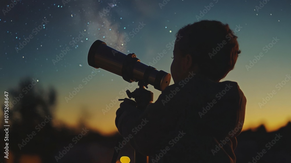 A silhouette of a child with a telescope against a starry night, embodying a sense of wonder and the endless possibilities of the universe. A silhouette of a child with a telescope against a starry night, embodying a sense of wonder and the endless possibilities of the universe.