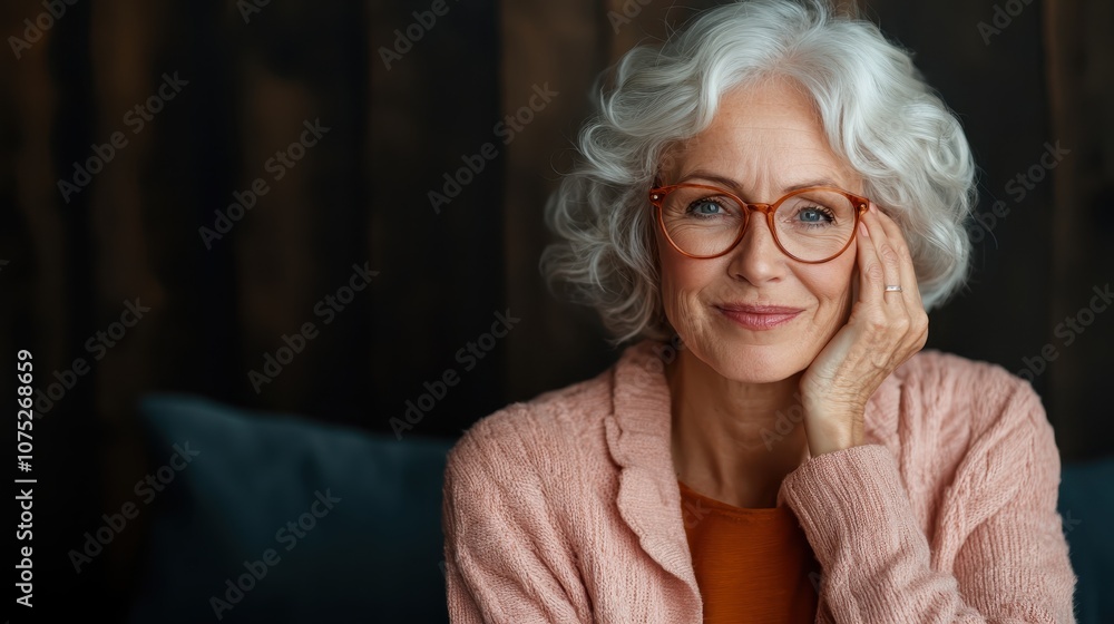 Portrait of a smiling elderly woman with curly white hair and glasses, wearing a pink sweater and sitting indoors against a dark background. Portrait of a smiling elderly woman with curly white hair and glasses, wearing a pink sweater and sitting indoors against a dark background.