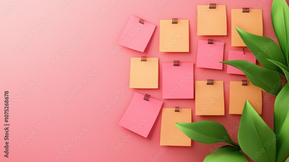 A vibrant layout of sticky notes in pink and orange shades with green leaves, set against a textured pink background, perfect for organization or brainstorming. A vibrant layout of sticky notes in pink and orange shades with green leaves, set against a textured pink background, perfect for organization or brainstorming.
