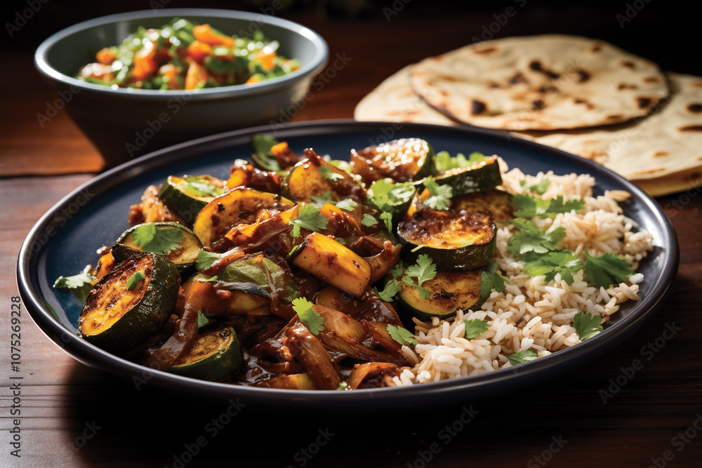 Showcase a vibrant vegetarian mole dish, featuring roasted vegetables like zucchini, sweet potato, and bell peppers, covered in rich mole sauce. Showcase a vibrant vegetarian mole dish, featuring roasted vegetables like zucchini, sweet potato, and bell peppers, covered in rich mole sauce.