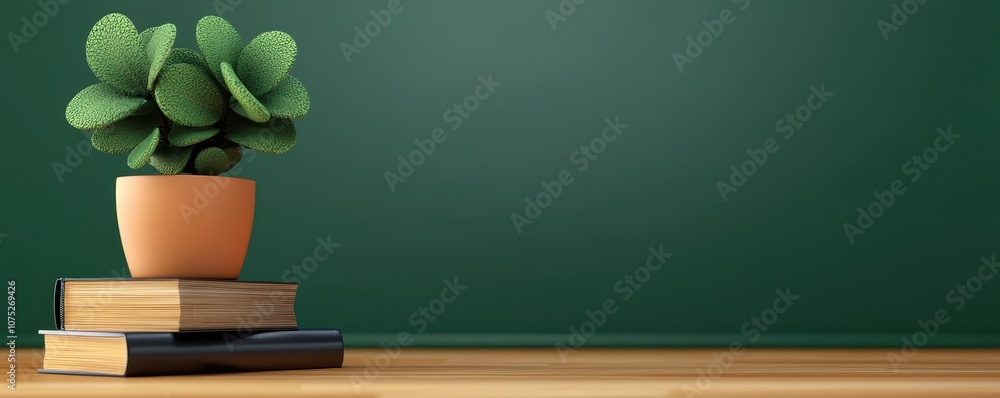 A potted cactus sits atop stacked books against a green background, creating a serene and stylish setup ideal for a study or workspace. A potted cactus sits atop stacked books against a green background, creating a serene and stylish setup ideal for a study or workspace.