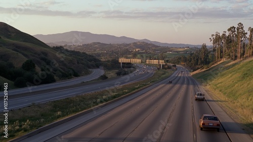 A quiet highway winds through rolling hills under the soft hues of dusk, with cars heading towards the horizon, evoking a peaceful travel mood. photo