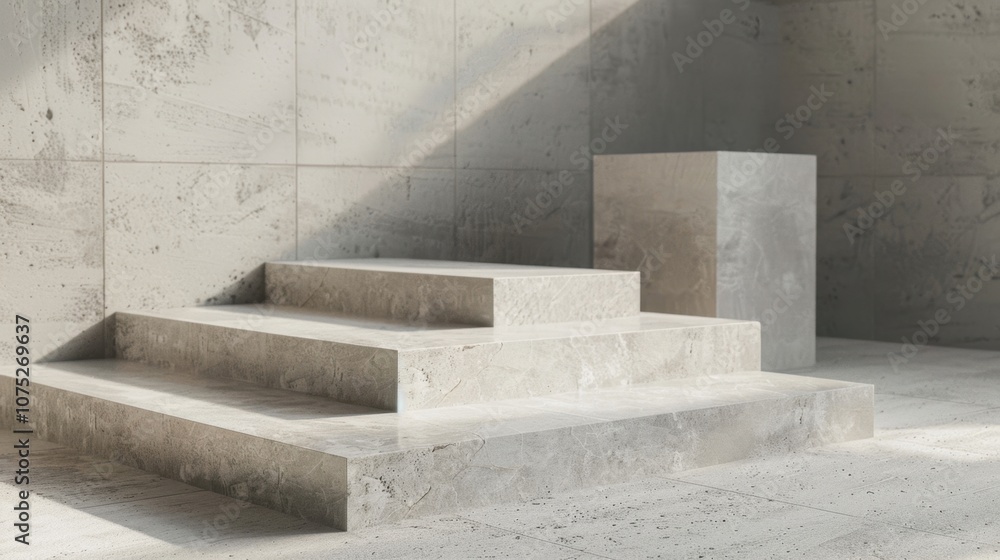 Concrete Steps to Success: A minimalist architectural rendering showcases a series of concrete steps and a platform, bathed in soft, natural light, creating a serene and modern aesthetic. Concrete Steps to Success: A minimalist architectural rendering showcases a series of concrete steps and a platform, bathed in soft, natural light, creating a serene and modern aesthetic.