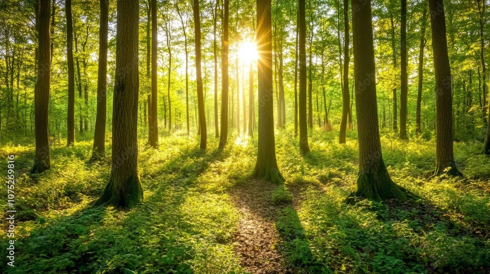 Obraz premium A calm forest bathed in sunlight, with thick green plants growing on the ground. A peaceful scene of woodland.