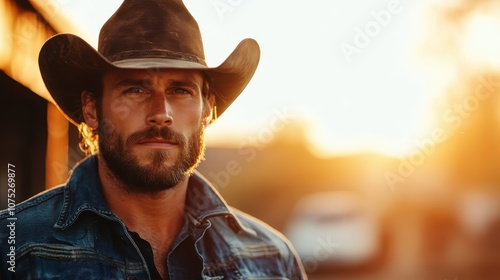 A cowboy, clad in a hat and denim, stands confidently during the warm glow of evening, capturing the spirit of adventure and rugged charm of the Old West. photo