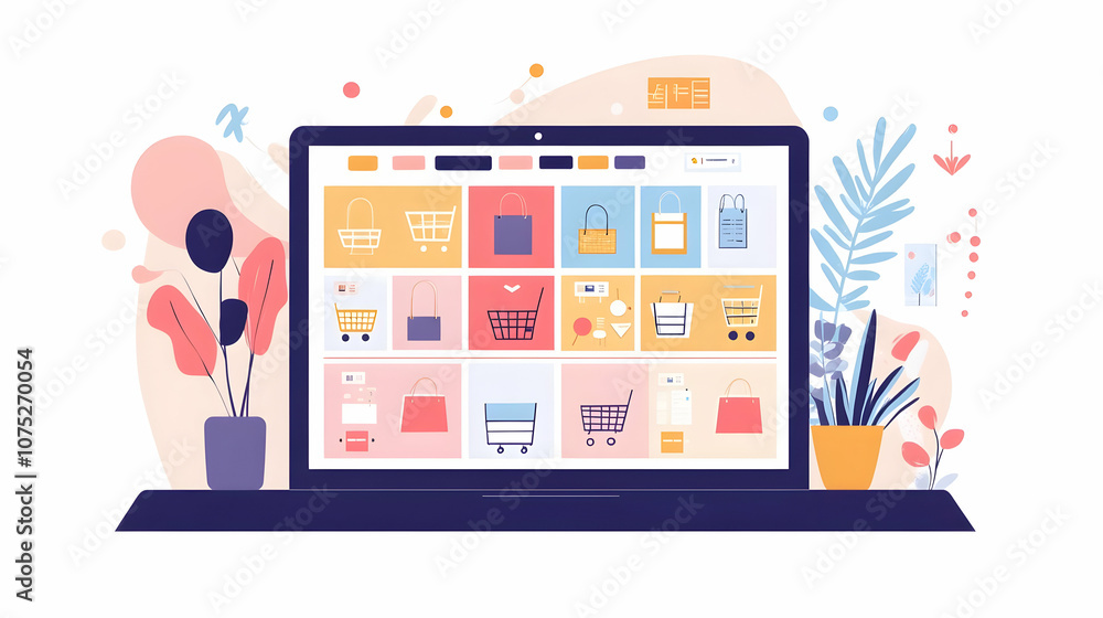 A laptop screen showing a modern e-commerce website interface, designed with a clean, minimalist layout. A laptop screen showing a modern e-commerce website interface, designed with a clean, minimalist layout.