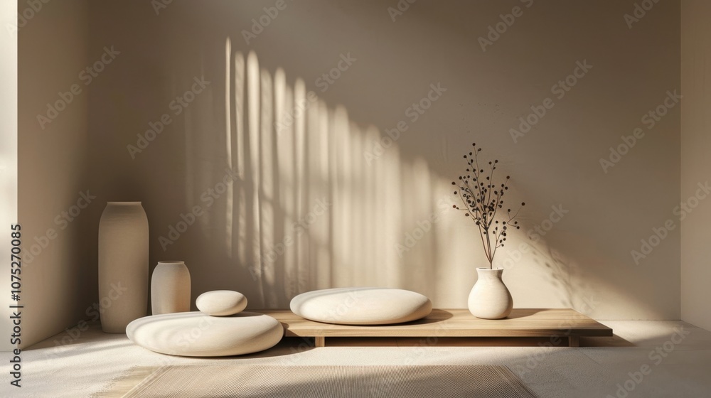 Serene Minimalism: A minimalist interior design scene evokes tranquility with natural light streaming through a window, casting soft shadows on a wooden shelf with white vases and stones. Serene Minimalism: A minimalist interior design scene evokes tranquility with natural light streaming through a window, casting soft shadows on a wooden shelf with white vases and stones.