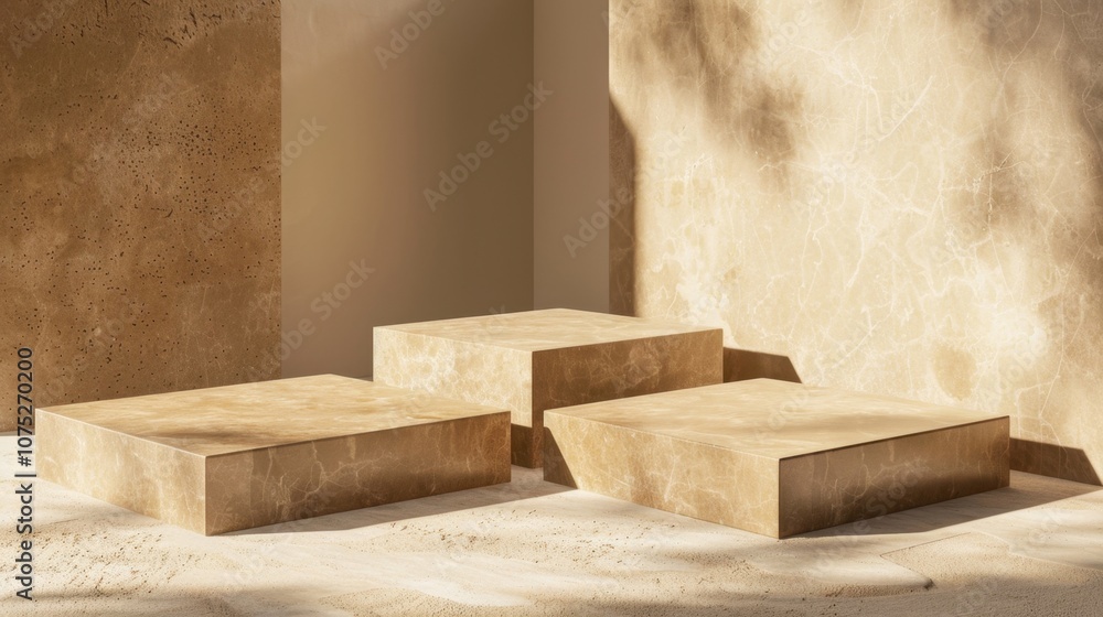 Earthy Elegance: Product display on minimalist beige stone podiums bathed in soft sunlight. A serene and sophisticated setting for showcasing your brand. Earthy Elegance: Product display on minimalist beige stone podiums bathed in soft sunlight. A serene and sophisticated setting for showcasing your brand.