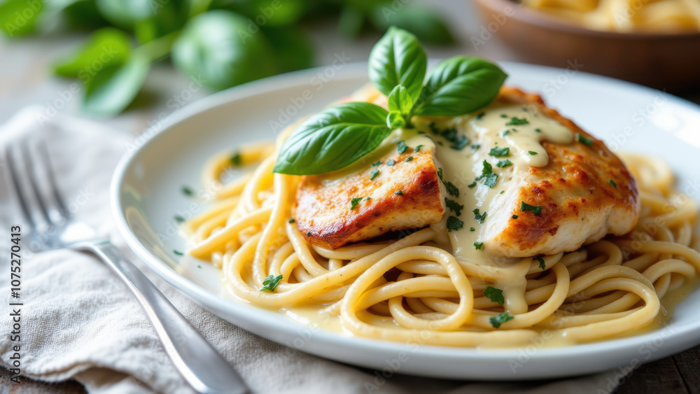 Delicious Mary's chicken pasta dish on a plate with herbs and grated cheese. Delicious Mary's chicken pasta dish on a plate with herbs and grated cheese.