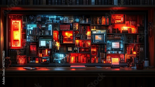 A bookshelf filled with various objects, lit with warm and cool lighting.