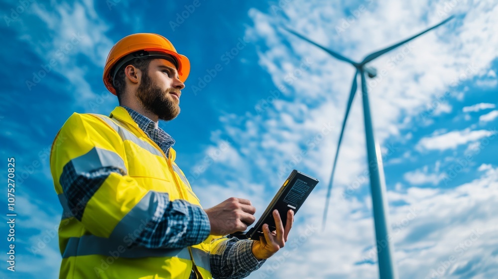 Obraz premium A wind turbine stands tall against a bright blue sky, as a worker in safety gear inspects with a notebook, symbolizing sustainable energy.