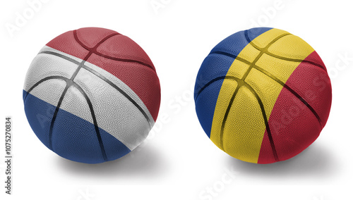 Photography basketball balls with the national flags of romania and netherlands on the white background