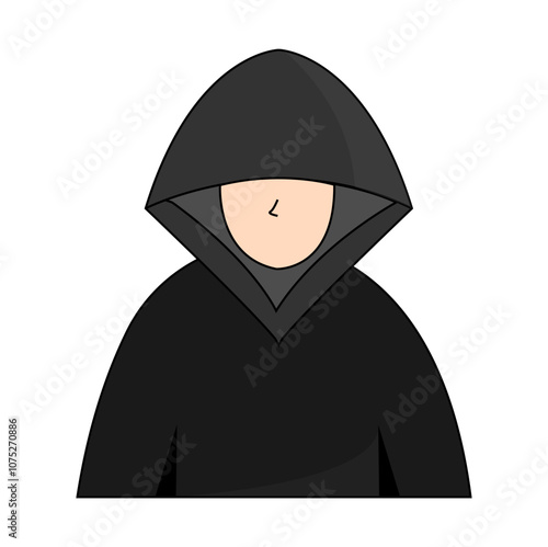 Mysterious figure in a hooded cloak standing against a plain white background