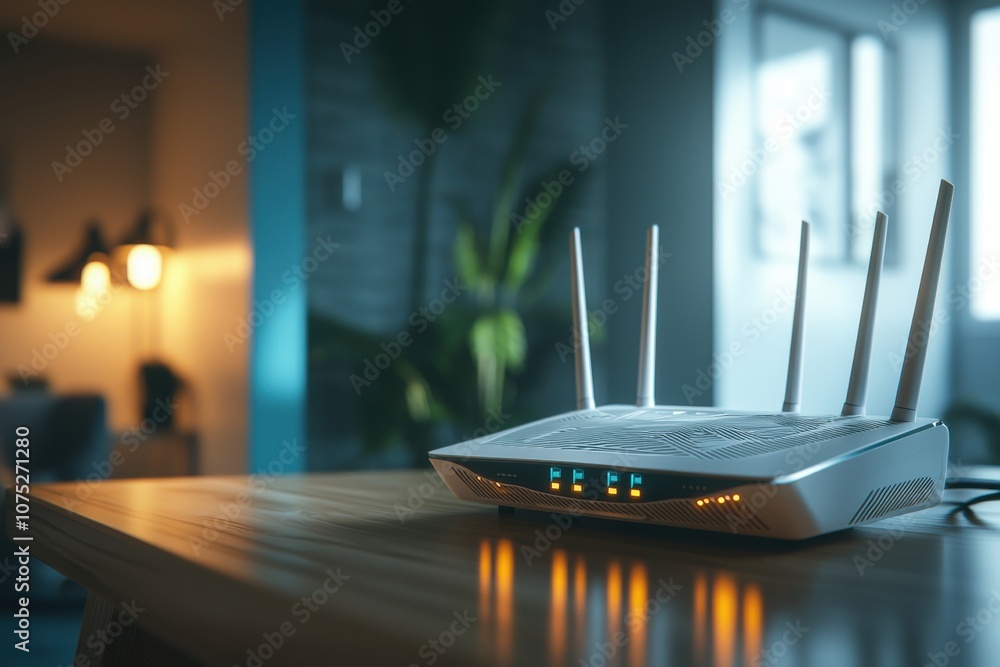 A modern Wi-Fi router with multiple antennas on a wooden table in a cozy indoor setting. A modern Wi-Fi router with multiple antennas on a wooden table in a cozy indoor setting.