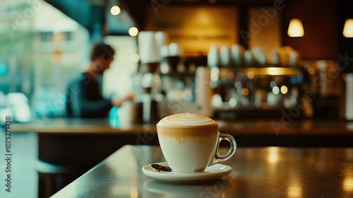 A cappuccino with intricate latte art sits invitingly on a café counter, hinting at warmth and relaxation in a cozy, bustling atmosphere.