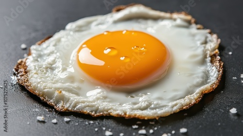 Close-up of a perfectly fried egg with a bright orange yolk and crisp edges on a black skillet, sprinkled with coarse salt, showcasing a simple breakfast favorite. photo