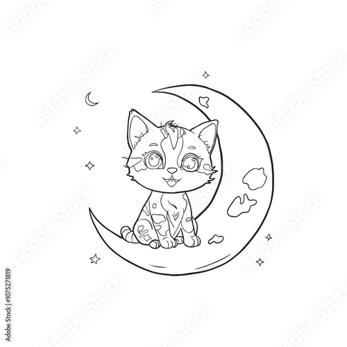 cute cat cartoon in the moon coloring page illustration