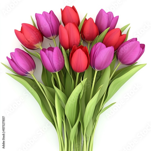 A vibrant bouquet featuring red and purple tulips, surrounded by lush green leaves, showcasing natural beauty and elegance.